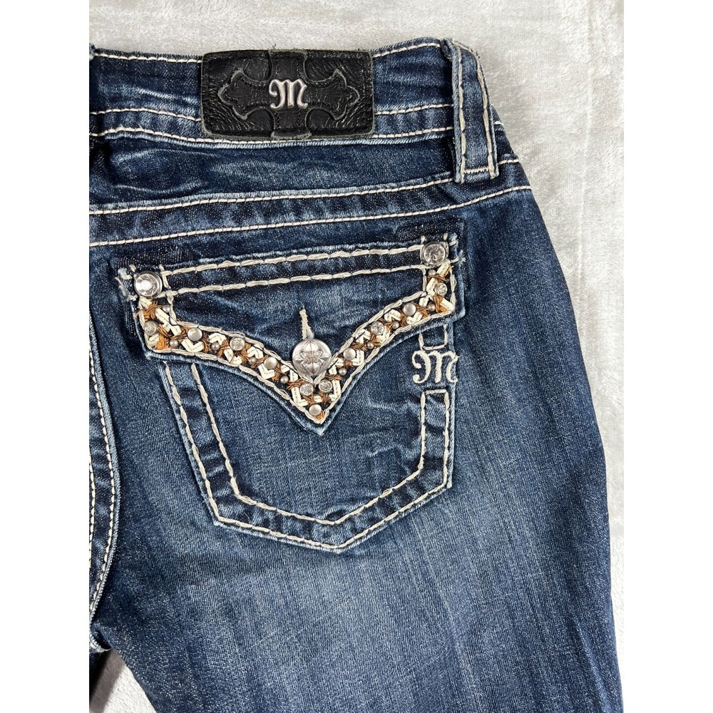 Miss Me Jeans Womens 26 Signature Boot Dark Wash Mid Rise Bling Flap Pockets